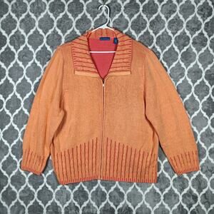 Karen Scott Sport Women Full Zip Sweater 3X Orange Cable Knit Cozy Layer Pockets